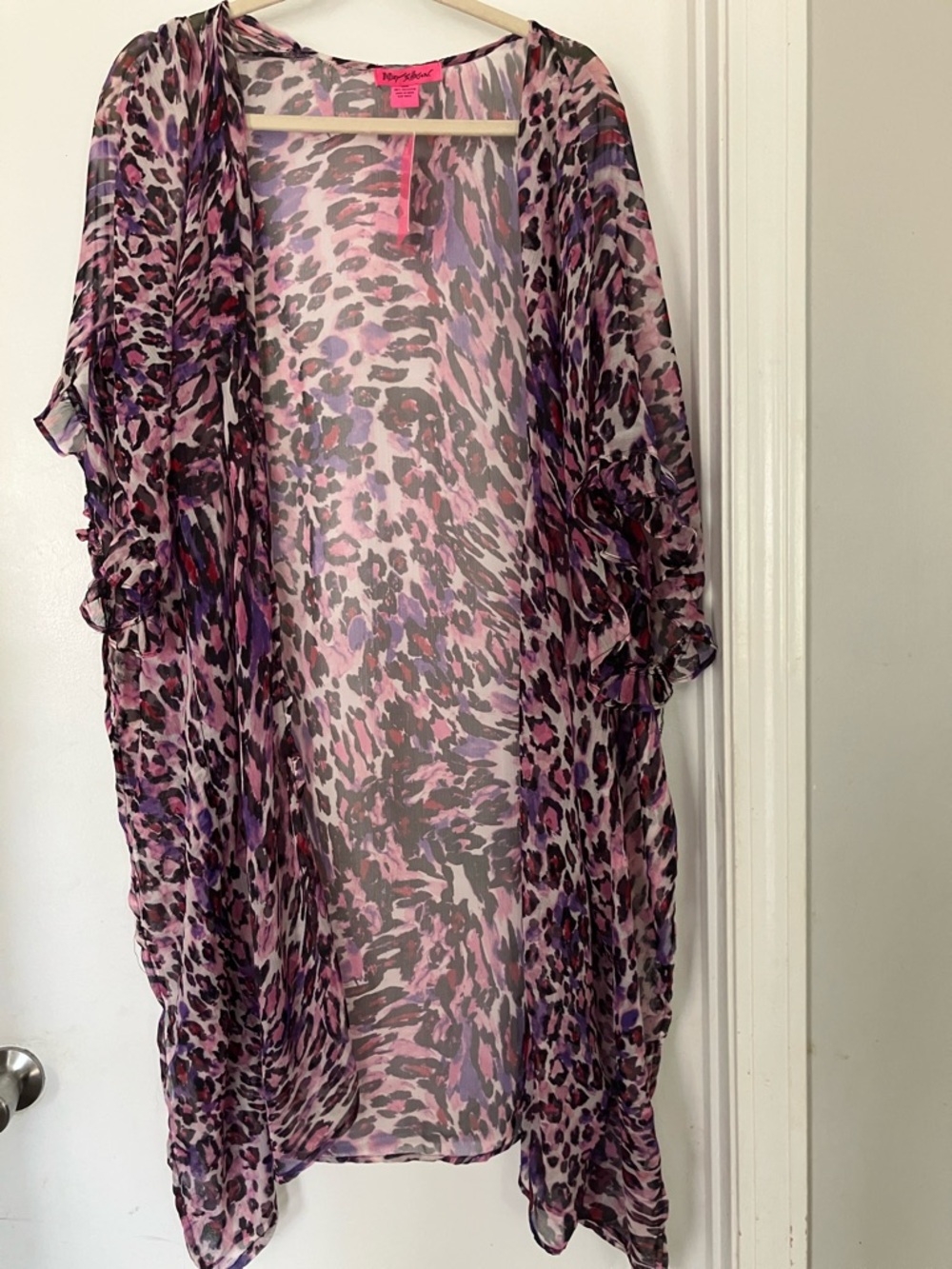 NWT Betsey Johnson Pink and Purple Leopard Sheer Ruffled Kimono